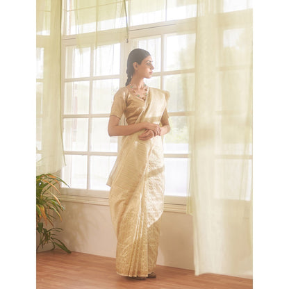 Five Point Five Asymmetric Gold Zari Stripes Woven Saree with Unstitched Blouse