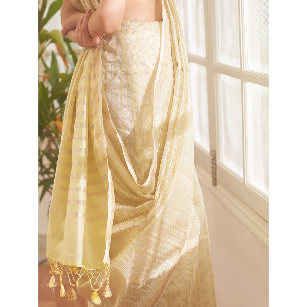 Five Point Five Asymmetric Gold Zari Stripes Woven Saree with Unstitched Blouse