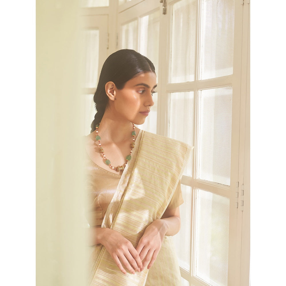 Five Point Five Asymmetric Gold Zari Stripes Woven Saree with Unstitched Blouse