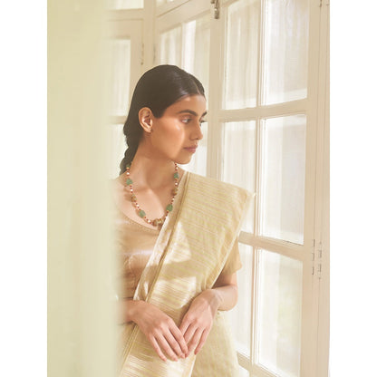 Five Point Five Asymmetric Gold Zari Stripes Woven Saree with Unstitched Blouse