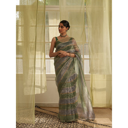 Five Point Five Green Stripes Woven Overall Saree with Unstitched Blouse