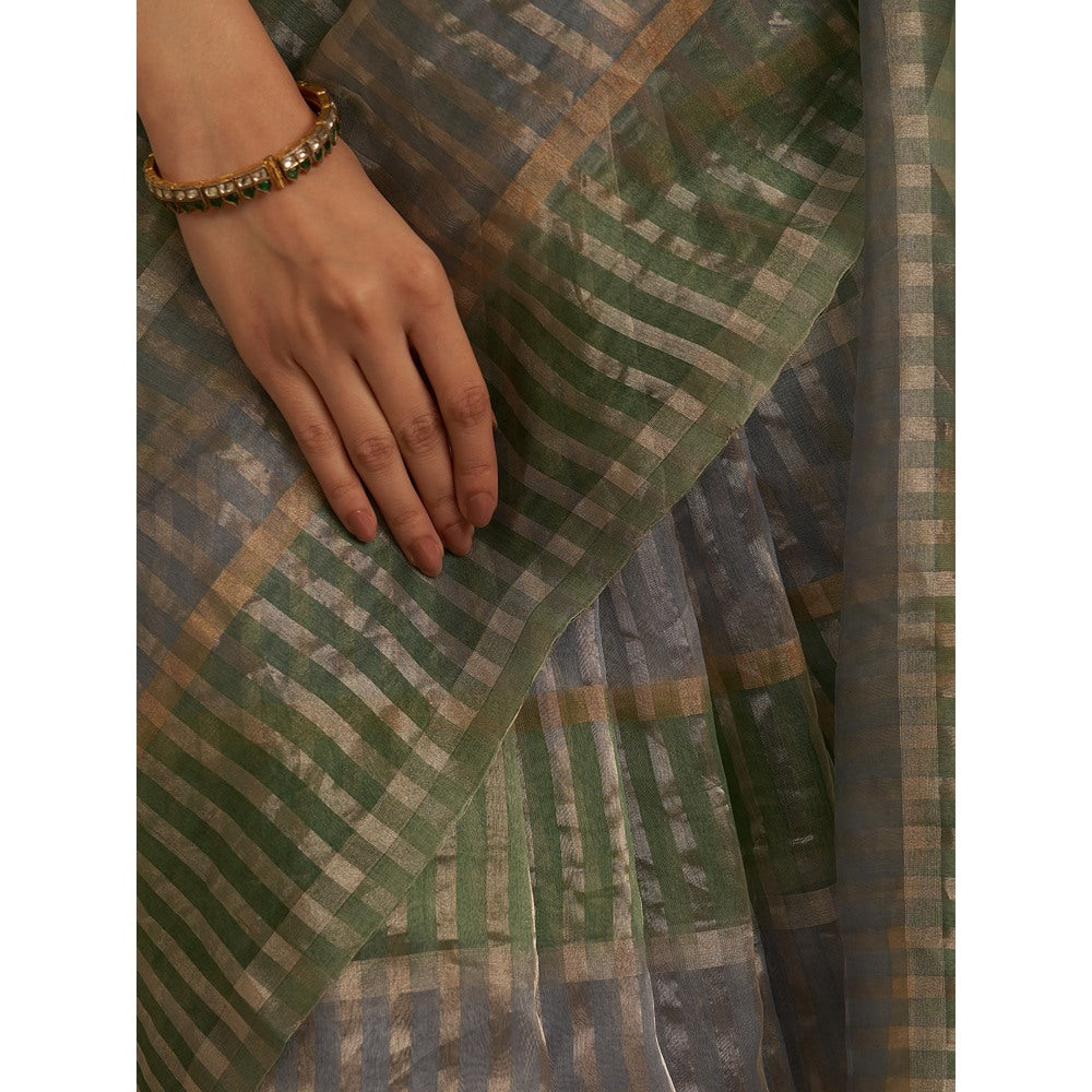 Five Point Five Green Stripes Woven Overall Saree with Unstitched Blouse
