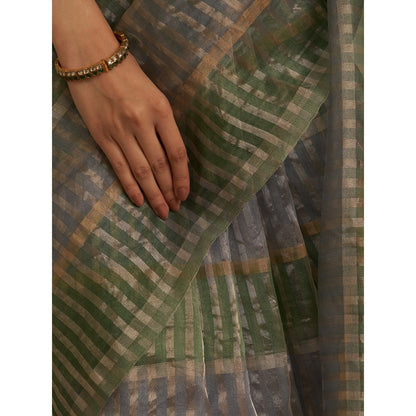 Five Point Five Green Stripes Woven Overall Saree with Unstitched Blouse