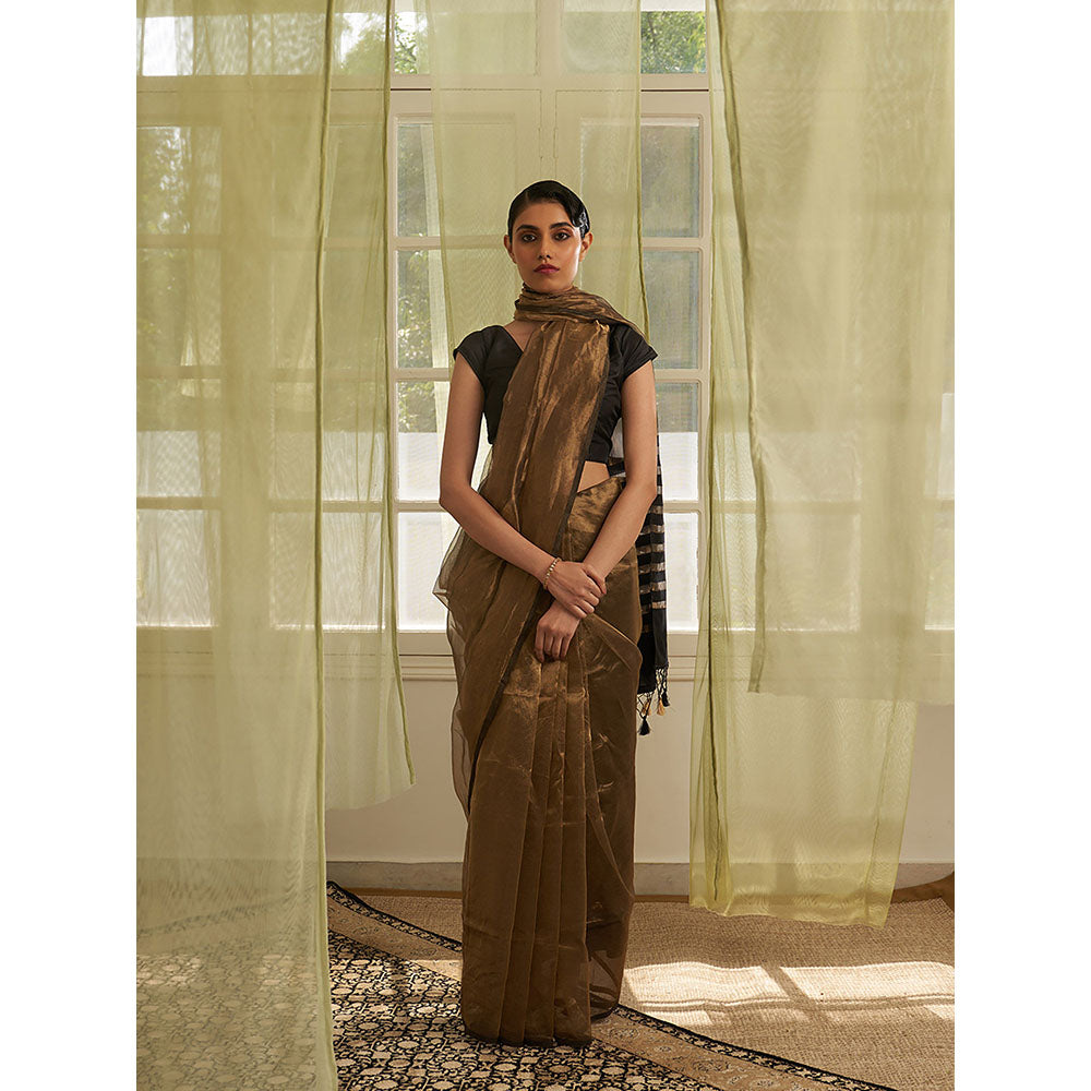 Five Point Five Gold Stripes Of Chanderi Cotton Woven Saree with Unstitched Blouse