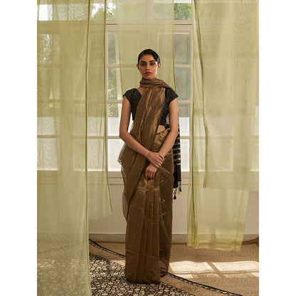 Five Point Five Gold Stripes Of Chanderi Cotton Woven Saree with Unstitched Blouse
