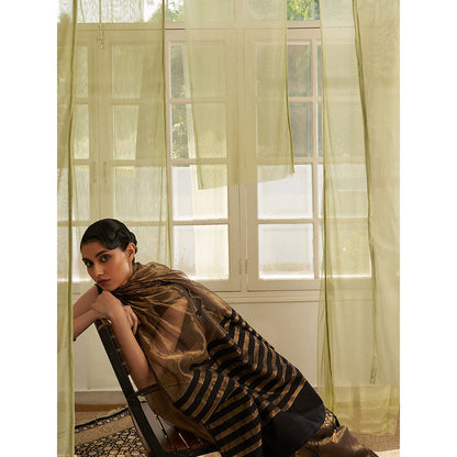 Five Point Five Gold Stripes Of Chanderi Cotton Woven Saree with Unstitched Blouse