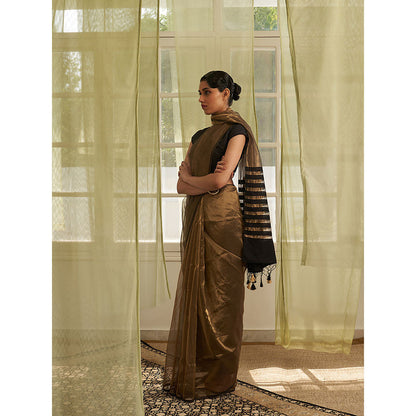 Five Point Five Gold Stripes Of Chanderi Cotton Woven Saree with Unstitched Blouse