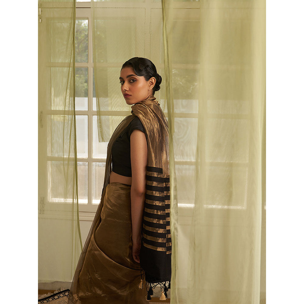 Five Point Five Gold Stripes Of Chanderi Cotton Woven Saree with Unstitched Blouse