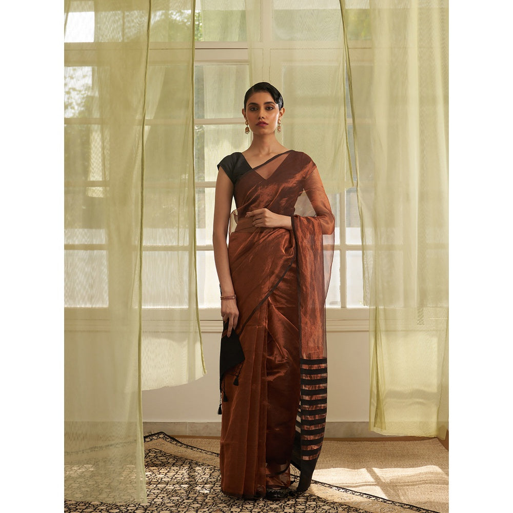 Five Point Five Rust Stripes Of Chanderi Cotton Woven Saree with Unstitched Blouse