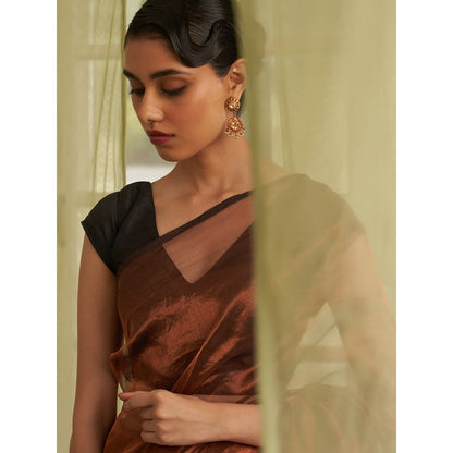 Five Point Five Rust Stripes Of Chanderi Cotton Woven Saree with Unstitched Blouse