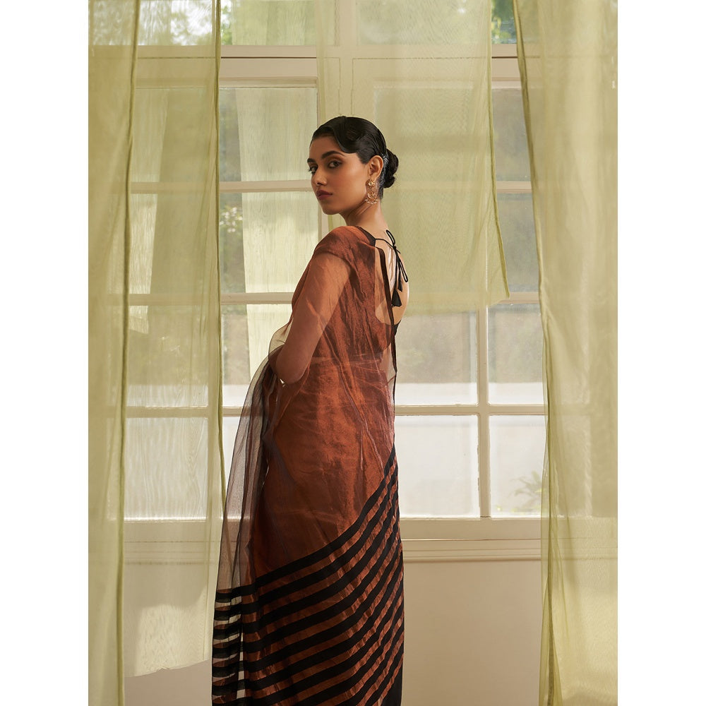 Five Point Five Rust Stripes Of Chanderi Cotton Woven Saree with Unstitched Blouse