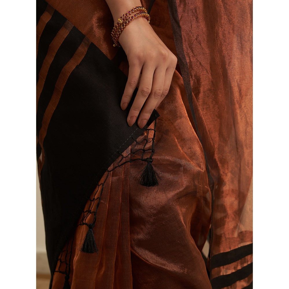 Five Point Five Rust Stripes Of Chanderi Cotton Woven Saree with Unstitched Blouse