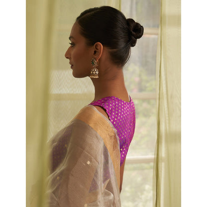 Five Point Five Grey Polka Dots Woven Saree with Unstitched Blouse