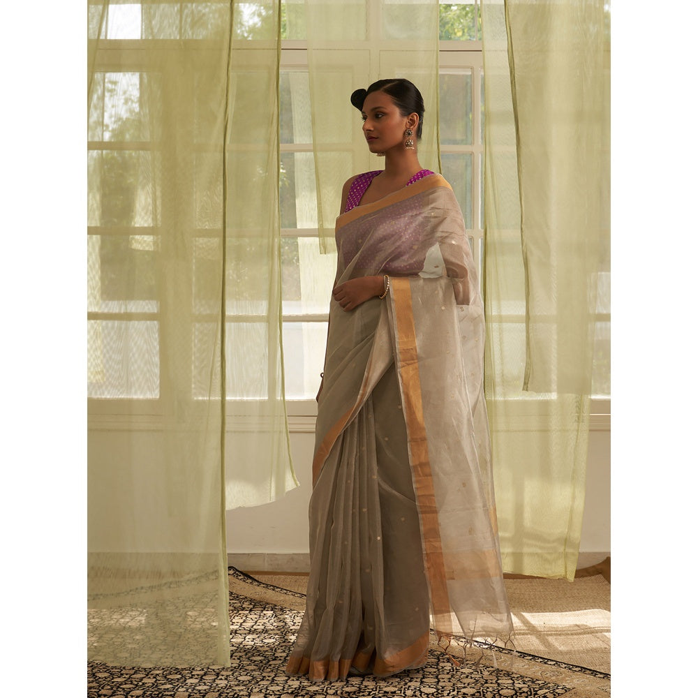 Five Point Five Grey Polka Dots Woven Saree with Unstitched Blouse