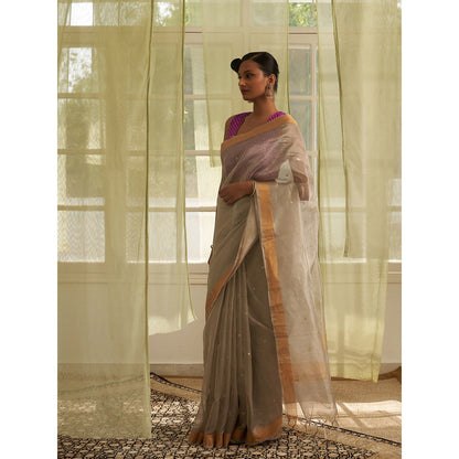 Five Point Five Grey Polka Dots Woven Saree with Unstitched Blouse