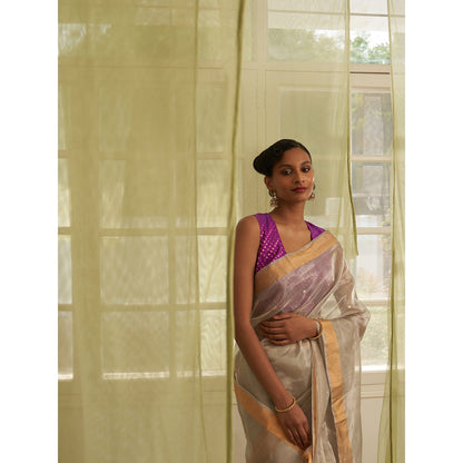 Five Point Five Grey Polka Dots Woven Saree with Unstitched Blouse
