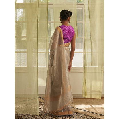 Five Point Five Grey Polka Dots Woven Saree with Unstitched Blouse