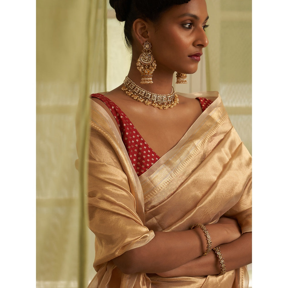 Five Point Five Traditional Border Woven Gold Saree with Unstitched Blouse