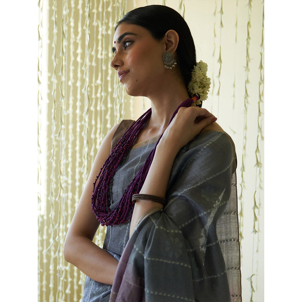 Five Point Five Purple Stripes Woven Overall Saree with Unstitched Blouse