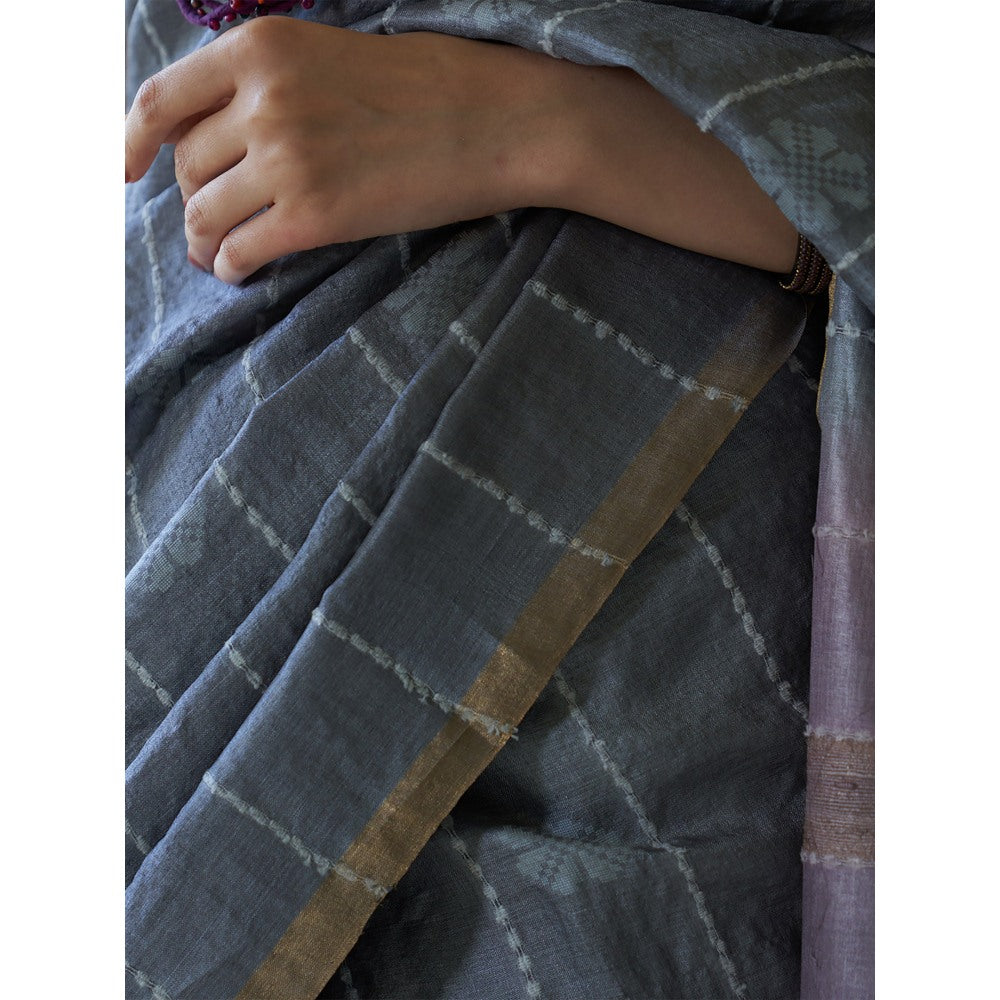 Five Point Five Purple Stripes Woven Overall Saree with Unstitched Blouse