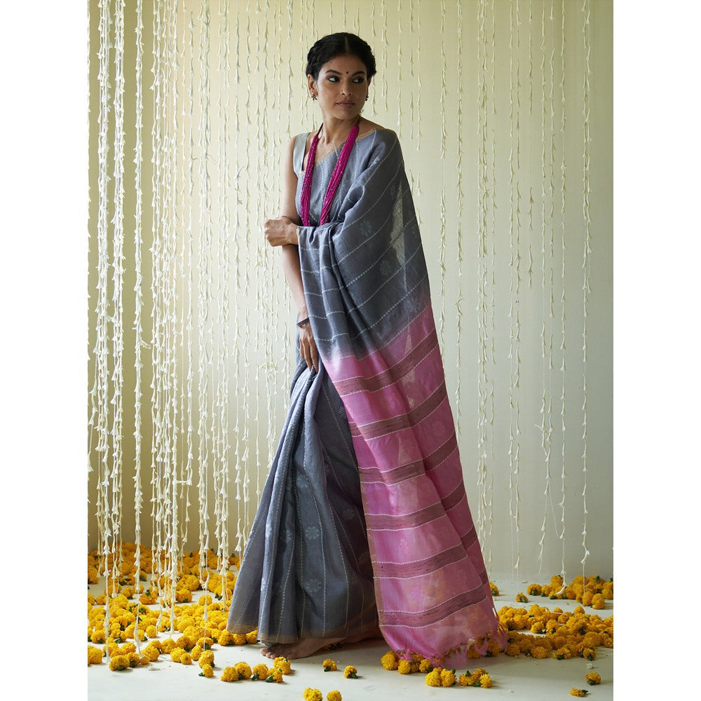 Five Point Five Blue Stripes Woven Overall Saree with Unstitched Blouse