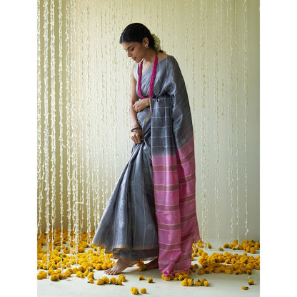 Five Point Five Blue Stripes Woven Overall Saree with Unstitched Blouse