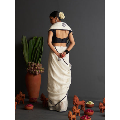 Five Point Five White Rose Motif Woven Saree with Unstitched Blouse