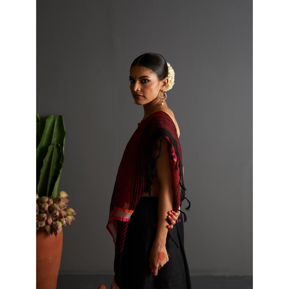 Five Point Five Black Motif Woven Overall Saree with Unstitched Blouse