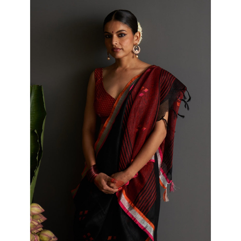Five Point Five Black Motif Woven Overall Saree with Unstitched Blouse
