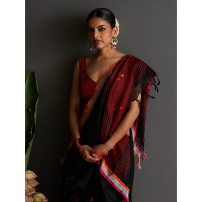 Five Point Five Black Motif Woven Overall Saree with Unstitched Blouse