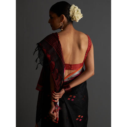 Five Point Five Black Motif Woven Overall Saree with Unstitched Blouse