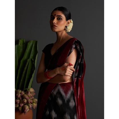 Five Point Five Black Ikat Woven Pattern Saree with Unstitched Blouse