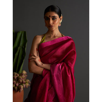 Five Point Five Pink Woven Overall Saree with Unstitched Blouse