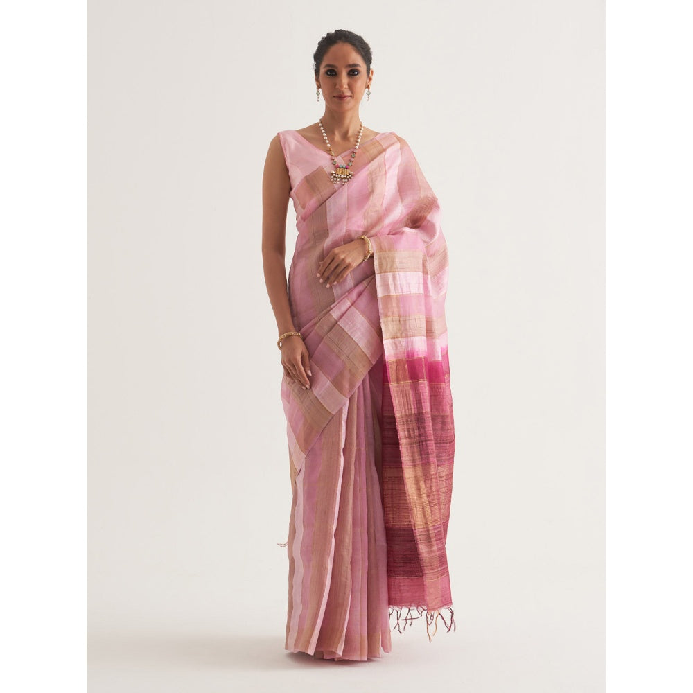 Five Point Five Pink Stripes Saree with Unstitched Blouse