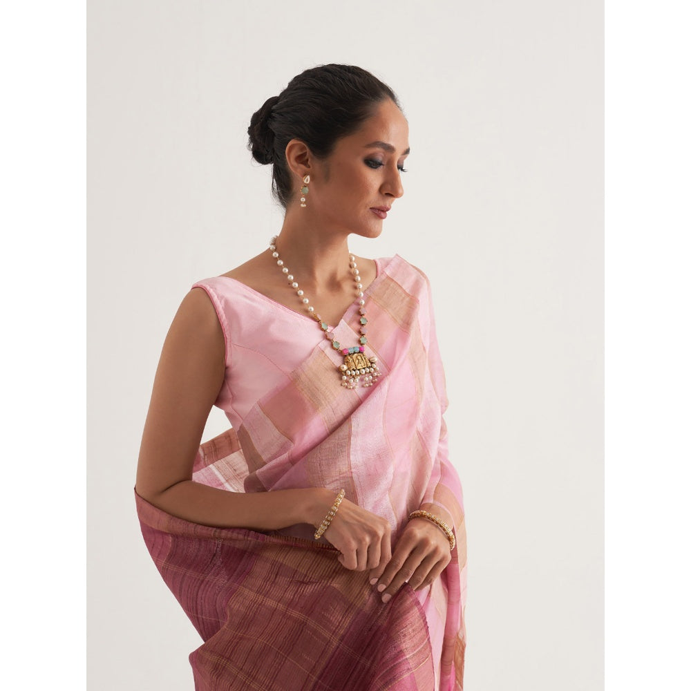 Five Point Five Pink Stripes Saree with Unstitched Blouse