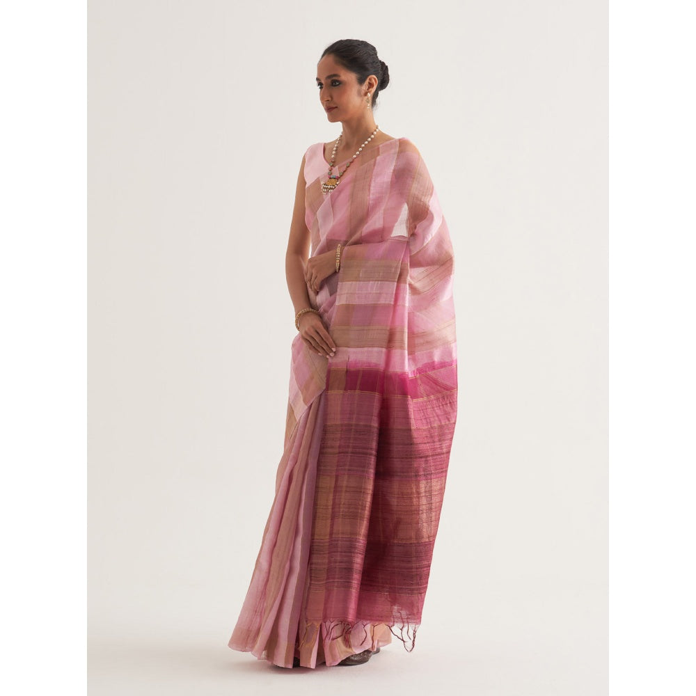 Five Point Five Pink Stripes Saree with Unstitched Blouse