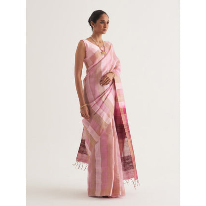 Five Point Five Pink Stripes Saree with Unstitched Blouse