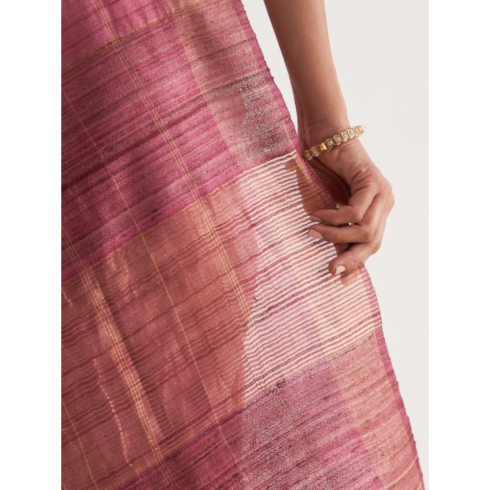 Five Point Five Pink Stripes Saree with Unstitched Blouse