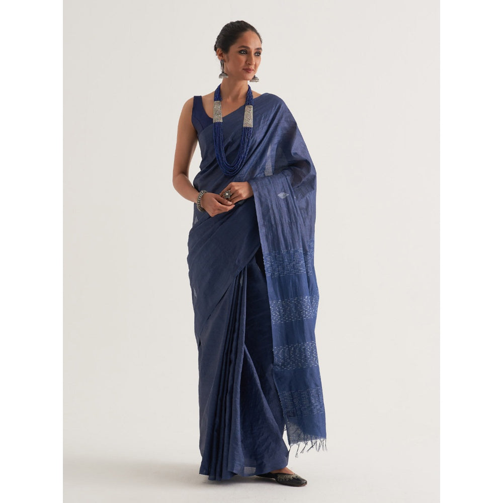 Five Point Five Blue Motif Woven Overall Saree with Unstitched Blouse