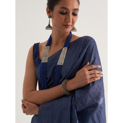 Five Point Five Blue Motif Woven Overall Saree with Unstitched Blouse