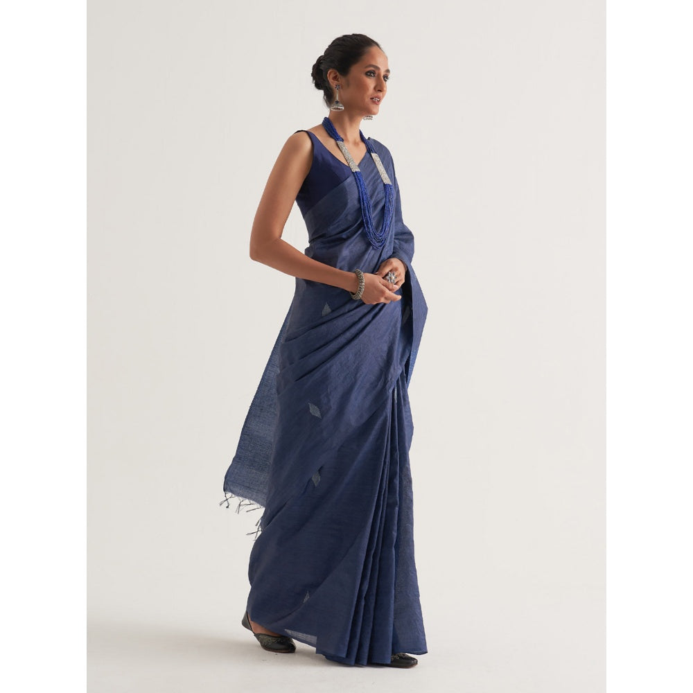 Five Point Five Blue Motif Woven Overall Saree with Unstitched Blouse