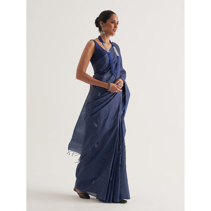 Five Point Five Blue Motif Woven Overall Saree with Unstitched Blouse