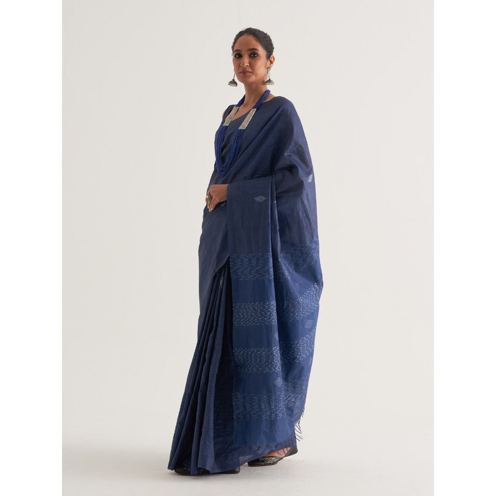 Five Point Five Blue Motif Woven Overall Saree with Unstitched Blouse