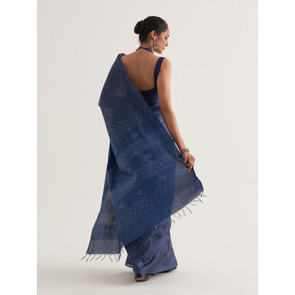Five Point Five Blue Motif Woven Overall Saree with Unstitched Blouse