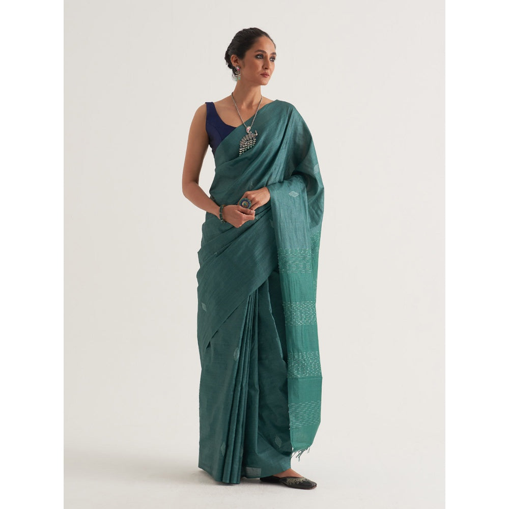 Five Point Five Green Motif Woven Overall Saree with Unstitched Blouse