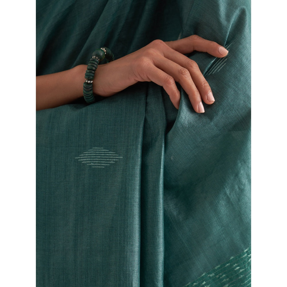 Five Point Five Green Motif Woven Overall Saree with Unstitched Blouse