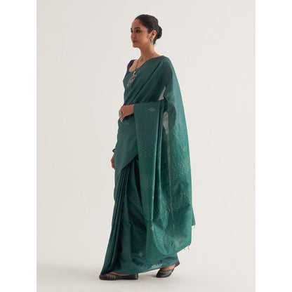Five Point Five Green Motif Woven Overall Saree with Unstitched Blouse