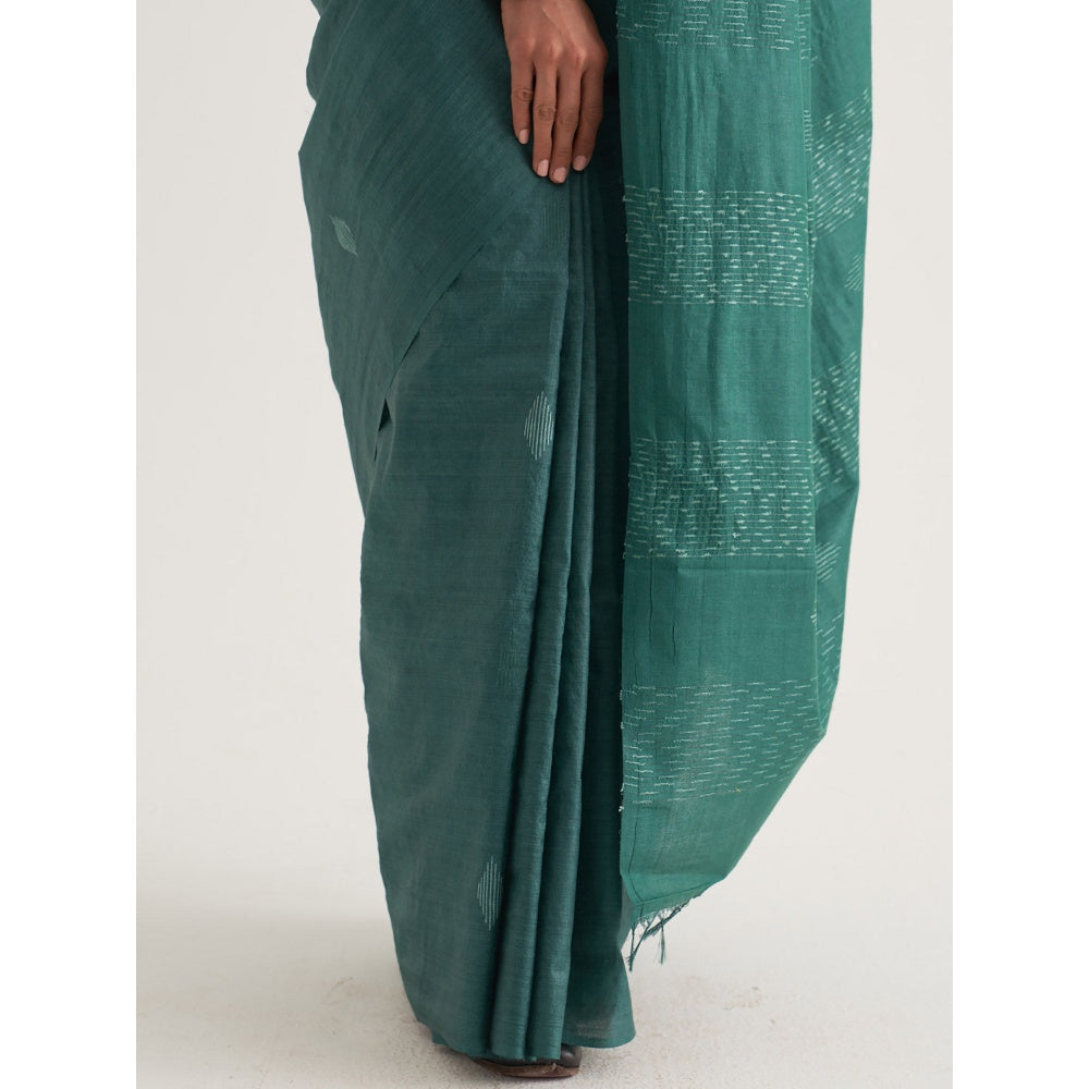 Five Point Five Green Motif Woven Overall Saree with Unstitched Blouse