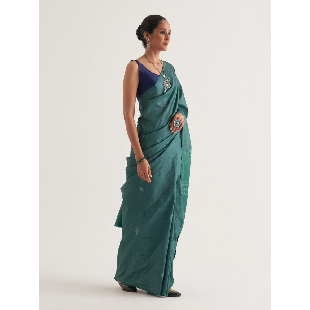 Five Point Five Green Motif Woven Overall Saree with Unstitched Blouse