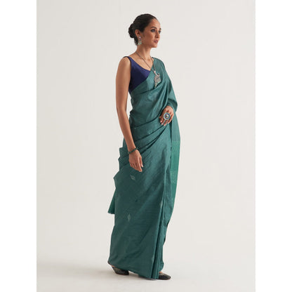 Five Point Five Green Motif Woven Overall Saree with Unstitched Blouse